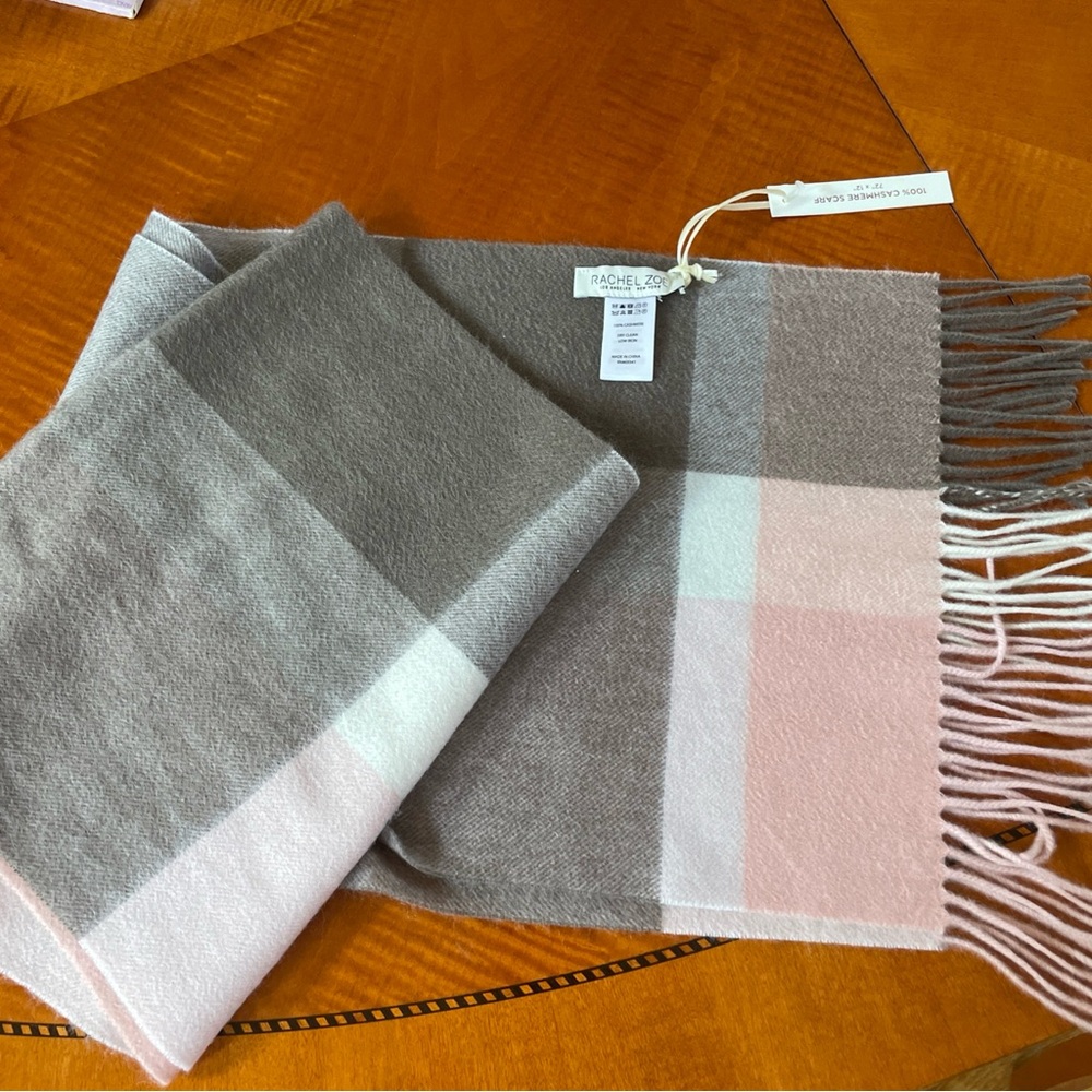 NWT Rachel Zoe 100% cashmere  Plaid Fringe Scarf in Neutral Tones